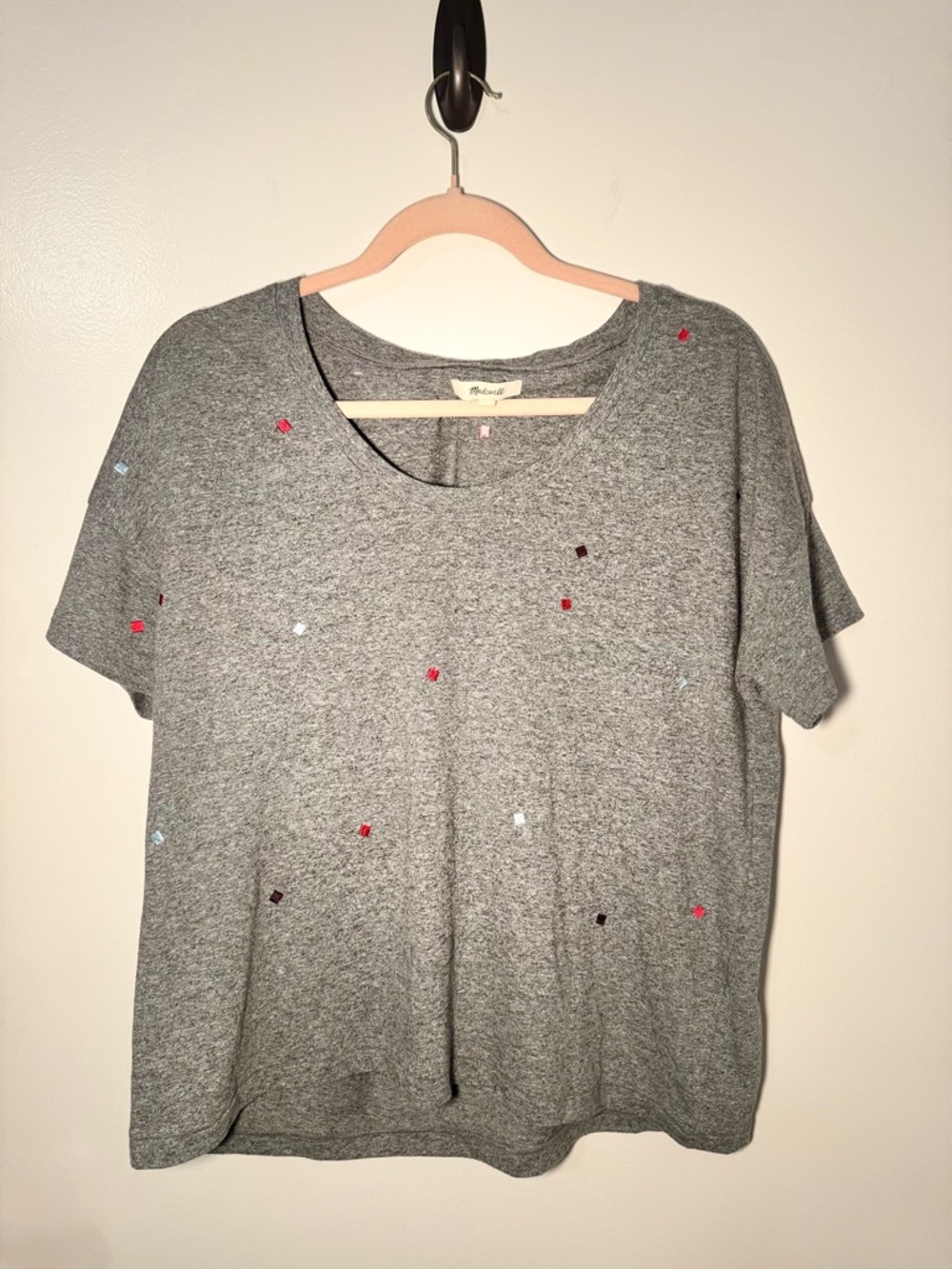 Madewell Heather Gray Short Sleeve Tee with Multicolored Embroidered Squares